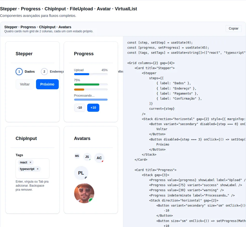 Stepper · Progress · VirtualList na gallery