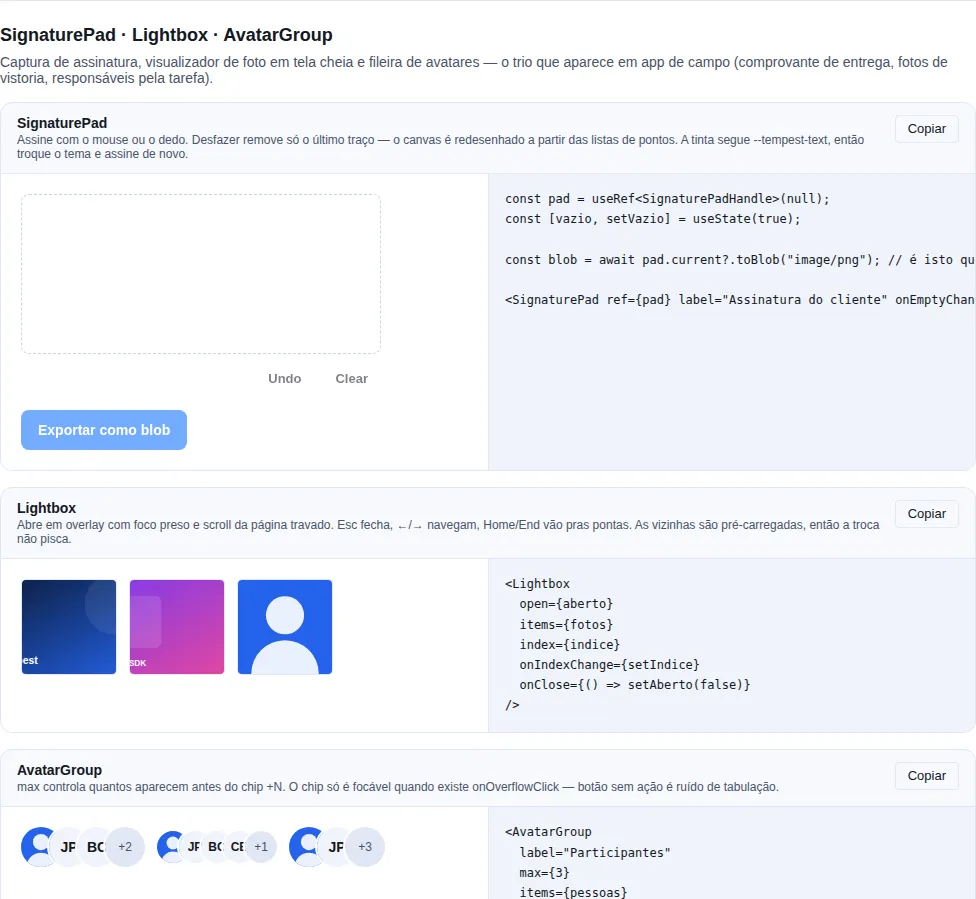 SignaturePad · Lightbox · AvatarGroup na gallery