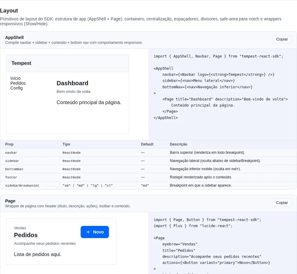 Layout (AppShell · Page · Container) na gallery