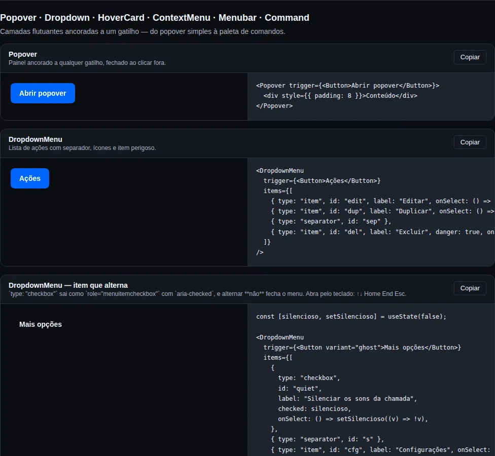 Popover · Dropdown · HoverCard — escuro