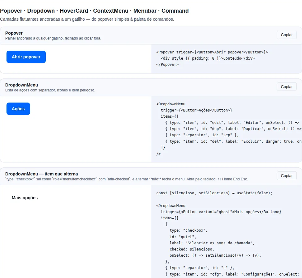 Popover · Dropdown · HoverCard na gallery