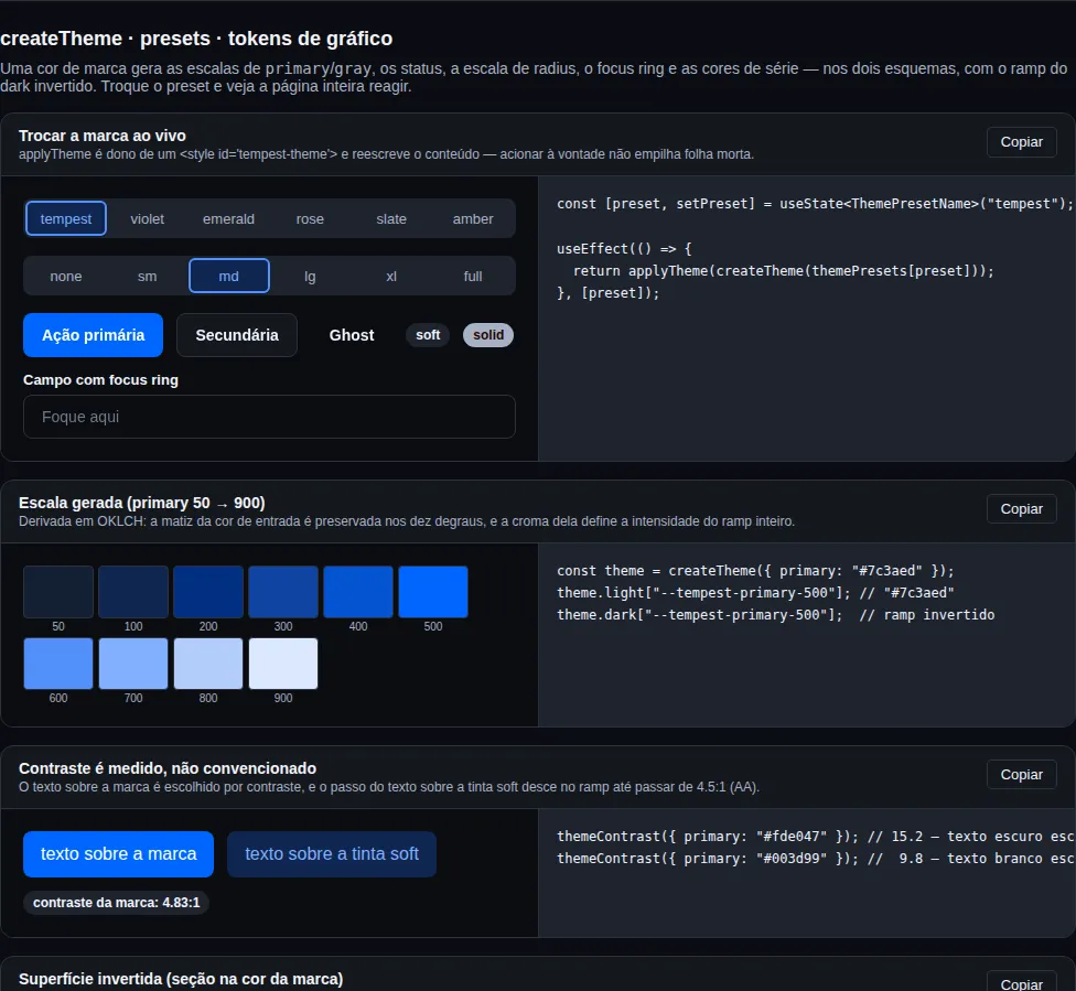 createTheme · presets · tokens de gráfico — escuro